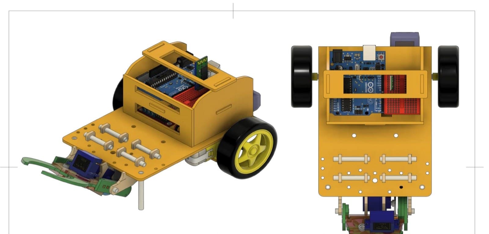 Drawing sheet of the complete robot: isometric and top views showing the chassis, electronics, wheels, and gripper