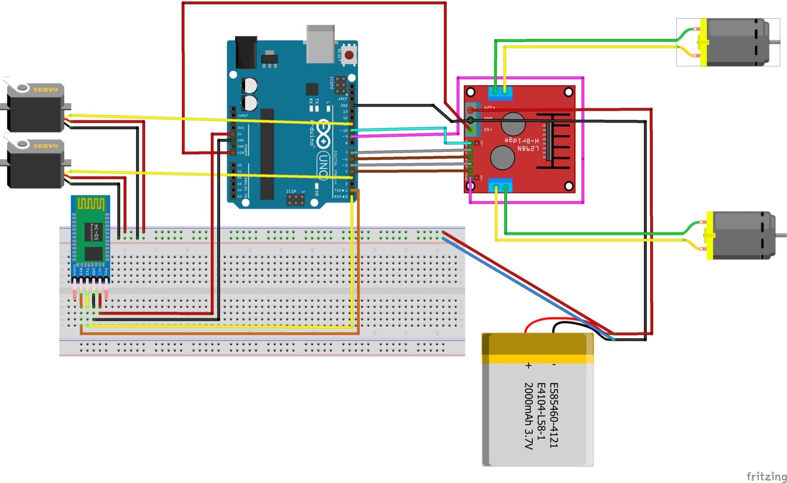 Wiring schematic: Arduino, H bridge motor driver, Bluetooth module, servos, DC motors, and battery